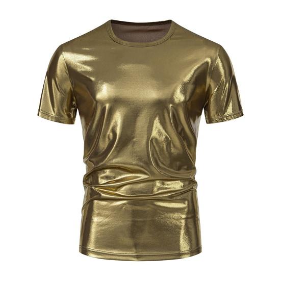 PLUM LAI Heren T-shirt Glanzend Oppervlak Bronzing Fit O Kleur Hals Effen Slim Korte Mouwen Trui Feest Club Prestatie Dans M goud