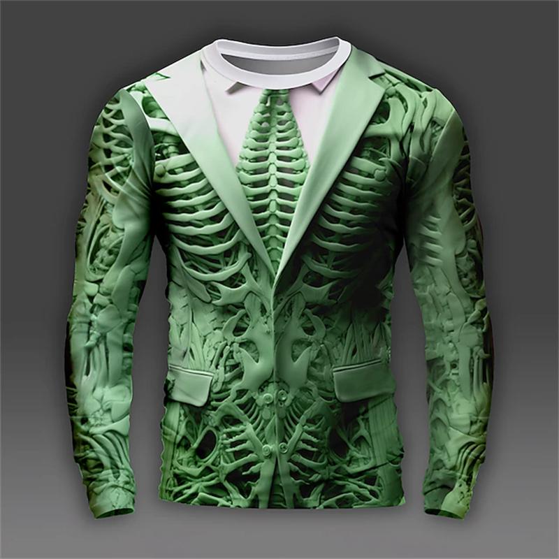 ETST 007 3D Print Skeletschedels Patroon T-shirts Mannen Lange Mouw Casual Mode T-shirt Top Sweatshirt Ademende Streetwear Losse T-shirts 5XL