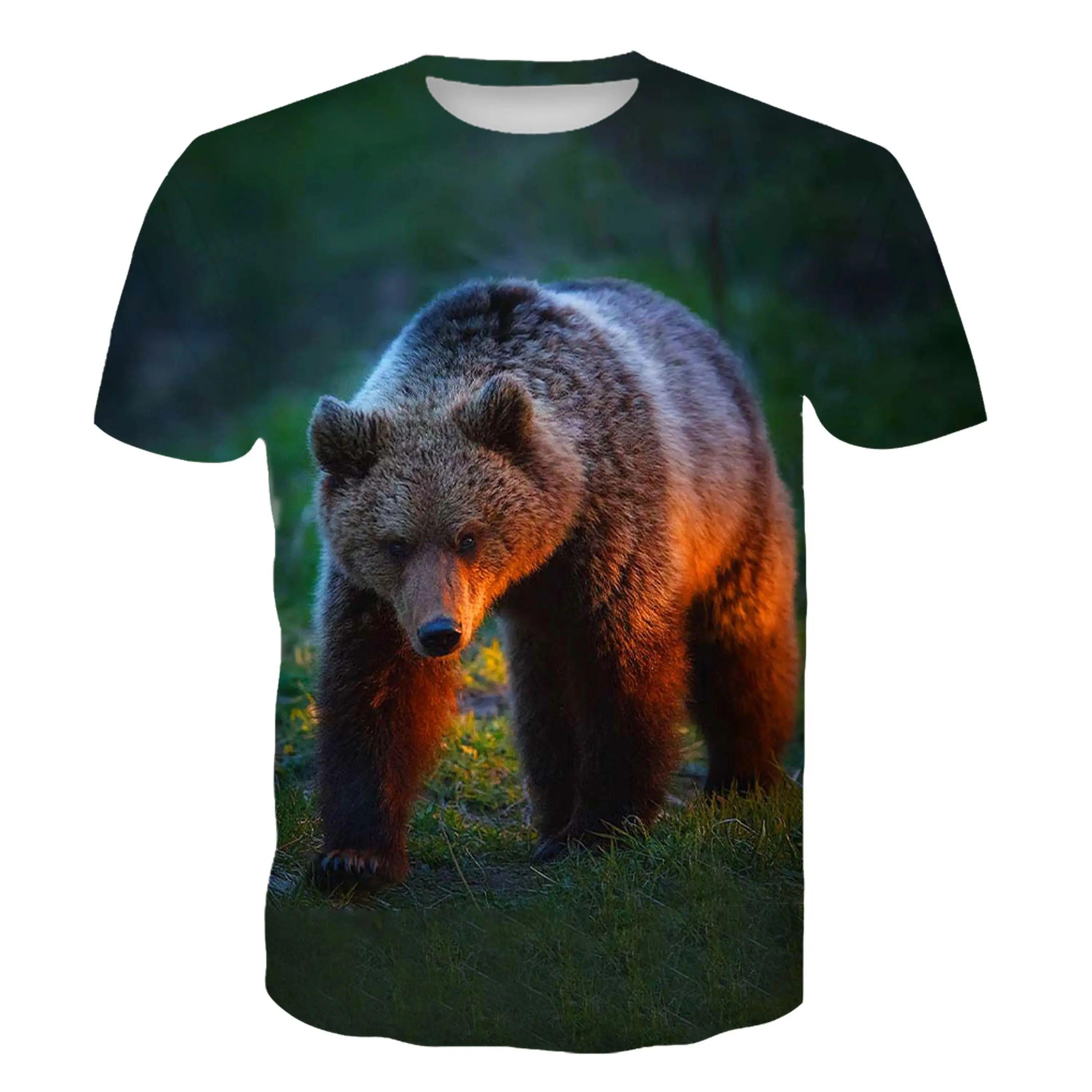 ETST 012 Zomer Heren Animal Fierce Bear Patroon Casual O Kraag Korte Mouw 3d Geprint Los Straat Persoonlijkheid Plezier Plus Size Top 4XL