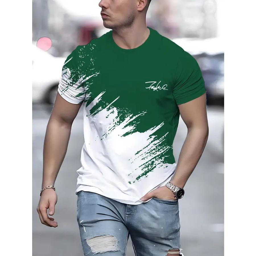 Plus Size FUGUIS Stijlvol T-shirt met grafische print voor heren - Comfortabel, ademend, top met korte mouwen voor dagelijkse zomeractiviteiten - Casual, modieus en veelzijdig T-shirt voor heren 4XL