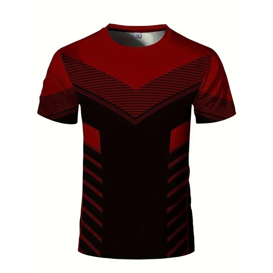 Plus Size FUGUIS Rekbaar geometrisch T-shirt met ronde hals - Snel drogend, vochtafvoerend, zomerfitness-, trainings- en sportkleding - Ideaal voor herensporten L wijnrode kleur