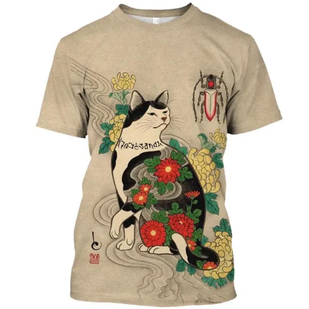 Chaokebang Japanse mythologie samoerai kat 3D harajuku print heren t-shirt grafische zomer nieuwe heren en dames dagelijkse ronde hals korte mouw t-shirt tops M