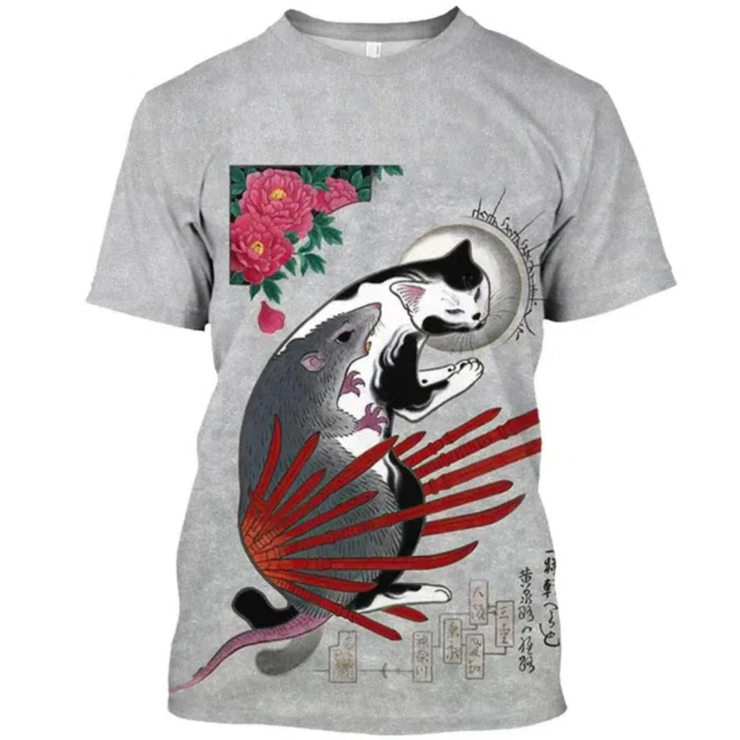 Chaokebang Japanse mythologie samoerai kat 3D harajuku print heren t-shirt grafische zomer nieuwe heren en dames dagelijkse ronde hals korte mouw t-shirt tops L