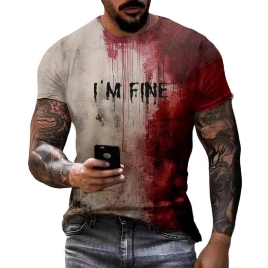 Aunel Halloween Bloedvlek T-shirt Korte Mouw Ronde Hals Heren Casual Top Creepy Problem Solved Ik Ben Goed T-shirt voor Halloweenfeest XL