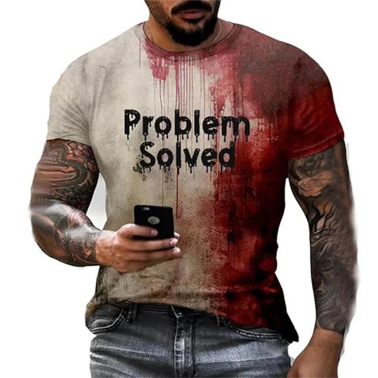 Aunel Halloween Bloedvlek T-shirt Korte Mouw Ronde Hals Heren Casual Top Creepy Problem Solved Ik Ben Goed T-shirt voor Halloweenfeest XL