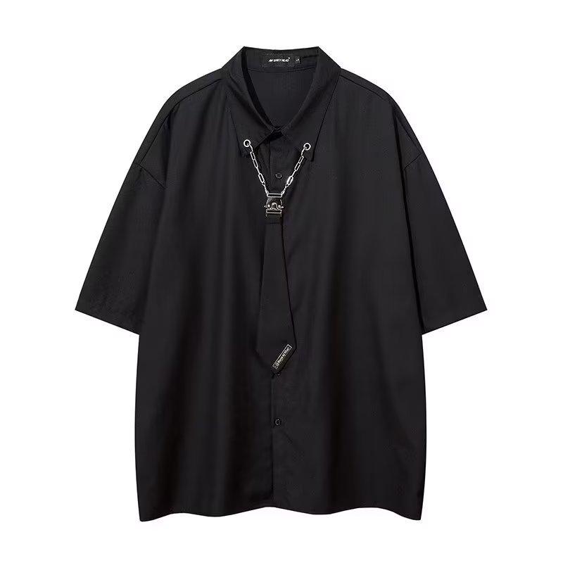 VantaGoods Heren Zwart Yuppie Stijl Overhemd met Korte Mouwen - High-End Hong Kong Design, Cool, Straatklaar, Losse Pasvorm voor de Zomer XXL zwart