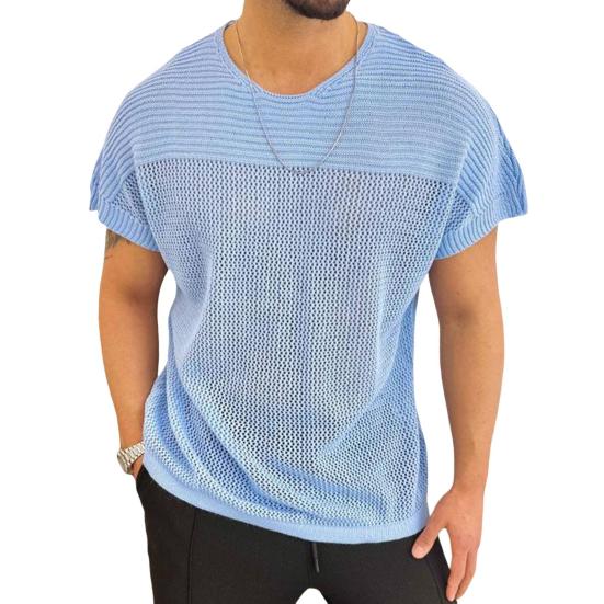 Huikerui Heren tops ronde hals korte mouwen effen kleur stiksel ontwerp T-shirt gebreid hol mesh ontwerp trui tops M blauw