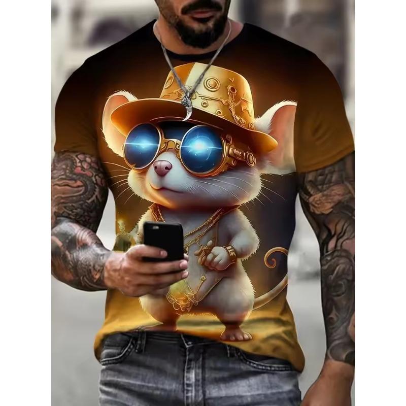 Explorer Outdoors Heren 3D Animal Mouse Print T-shirt Zomer Mode Casual Buitensport Fitness Ronde Hals Korte Mouw Heren Overhemd Kleding S