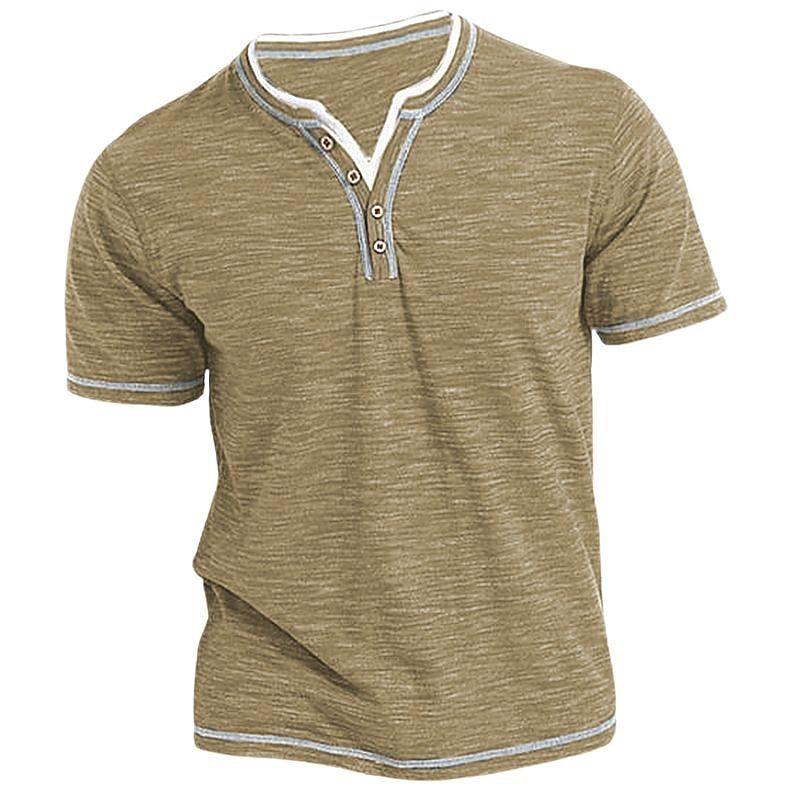 PCD16KL Gekleurd katoen, kleine V-hals, open voorkant heren-T-shirts, zomer, casual Henry-shirt met korte mouwen XL kaki