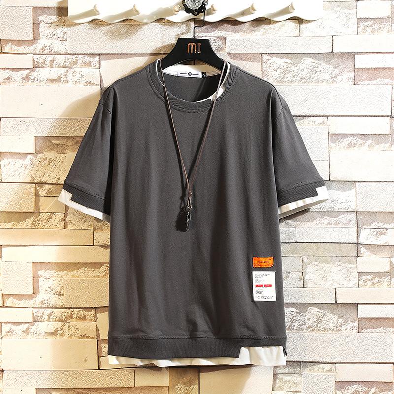 EUREKA E Zomer Japanse Losse Grote Maat Ronde Hals Gedrukt T-shirt Mannen Stiksels Nep Twee Stukken Student Casual T-shirt zomer 5XL grijs