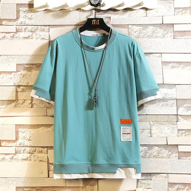 EUREKA E Zomer Japanse Losse Grote Maat Ronde Hals Gedrukt T-shirt Mannen Stiksels Nep Twee Stukken Student Casual T-shirt zomer 3XL lichtgroene kleur