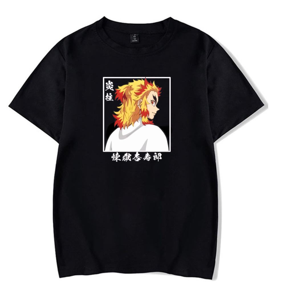 Limindong Rengoku Kyoujuro Demon Slayer Unisex T-shirt Harajuku O-hals Hot Anime Kleding Zomer Sport Jogging Korte Mouwen L zwart