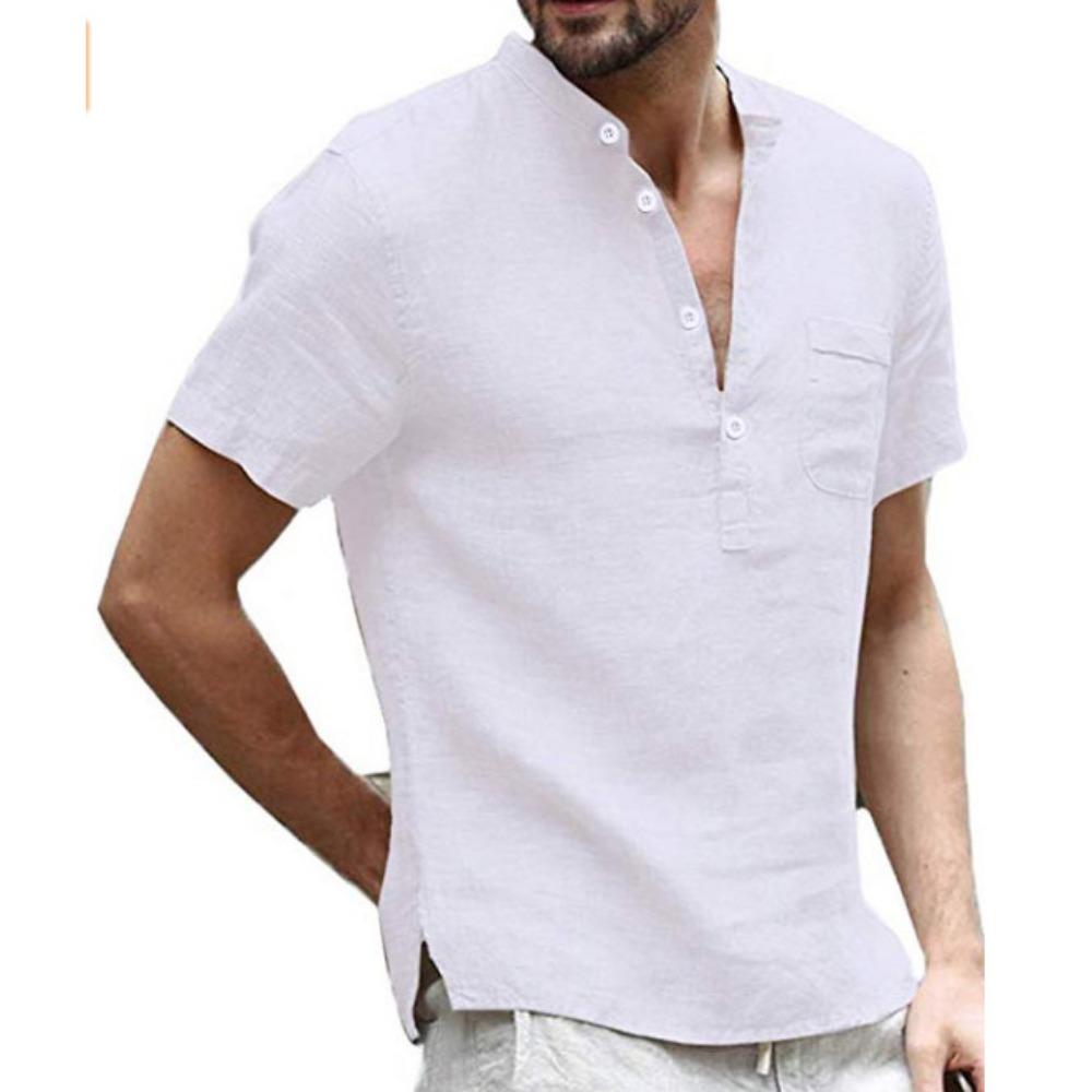 HerSight Zomer katoenen linnen herenoverhemd met korte mouwen Effen kleur Zak Stand Hals Knop Half open zwarte shirts S-5XL L wit