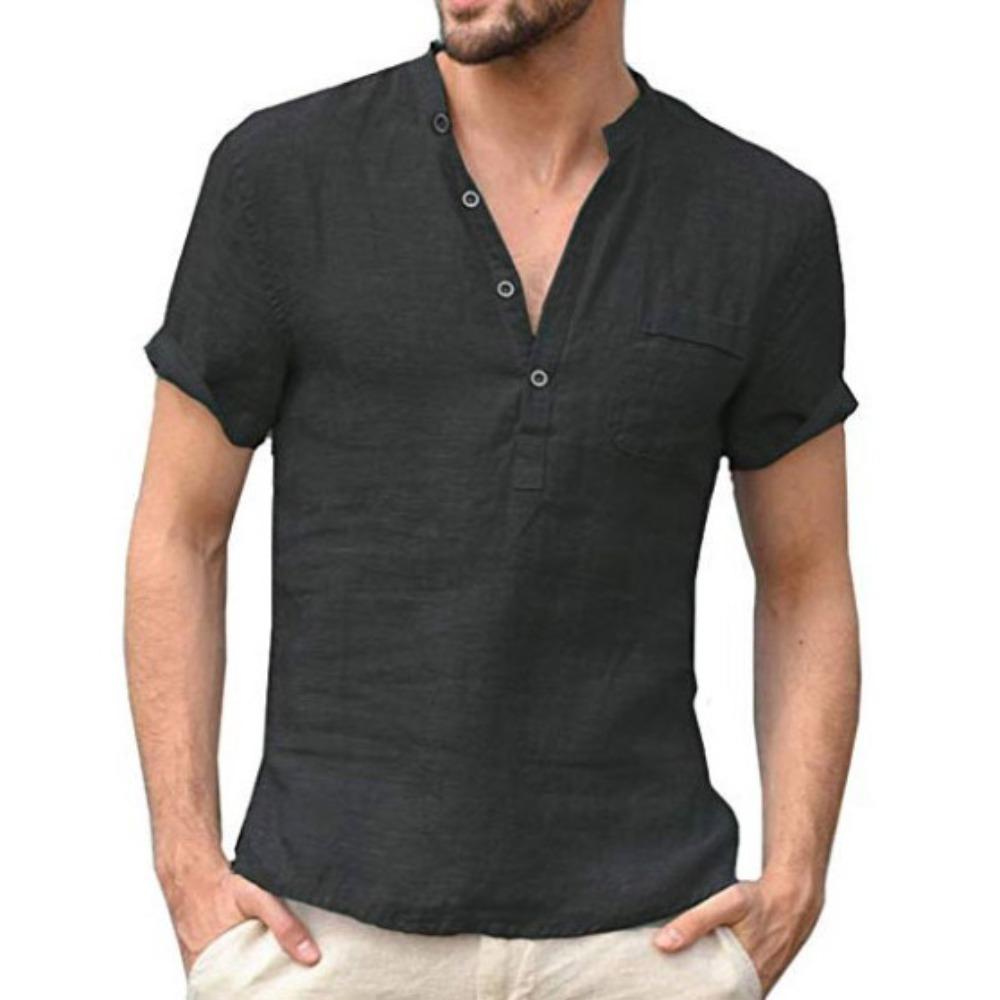 HerSight Zomer katoenen linnen herenoverhemd met korte mouwen Effen kleur Zak Stand Hals Knop Half open zwarte shirts S-5XL L zwart