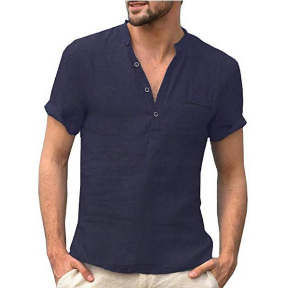 HerSight Zomer katoenen linnen herenoverhemd met korte mouwen Effen kleur Zak Stand Hals Knop Half open zwarte shirts S-5XL S marineblauwe kleur