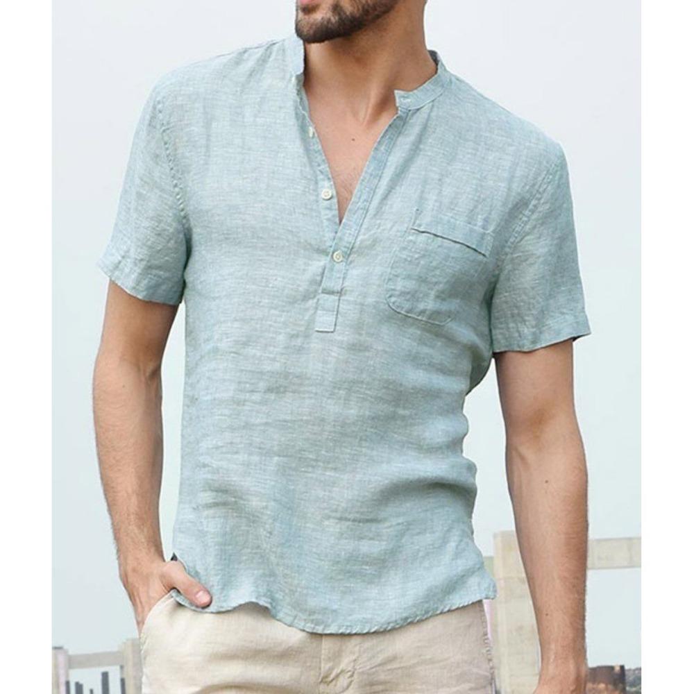 HerSight Zomer katoenen linnen herenoverhemd met korte mouwen Effen kleur Zak Stand Hals Knop Half open zwarte shirts S-5XL XXL lichtblauwe kleur