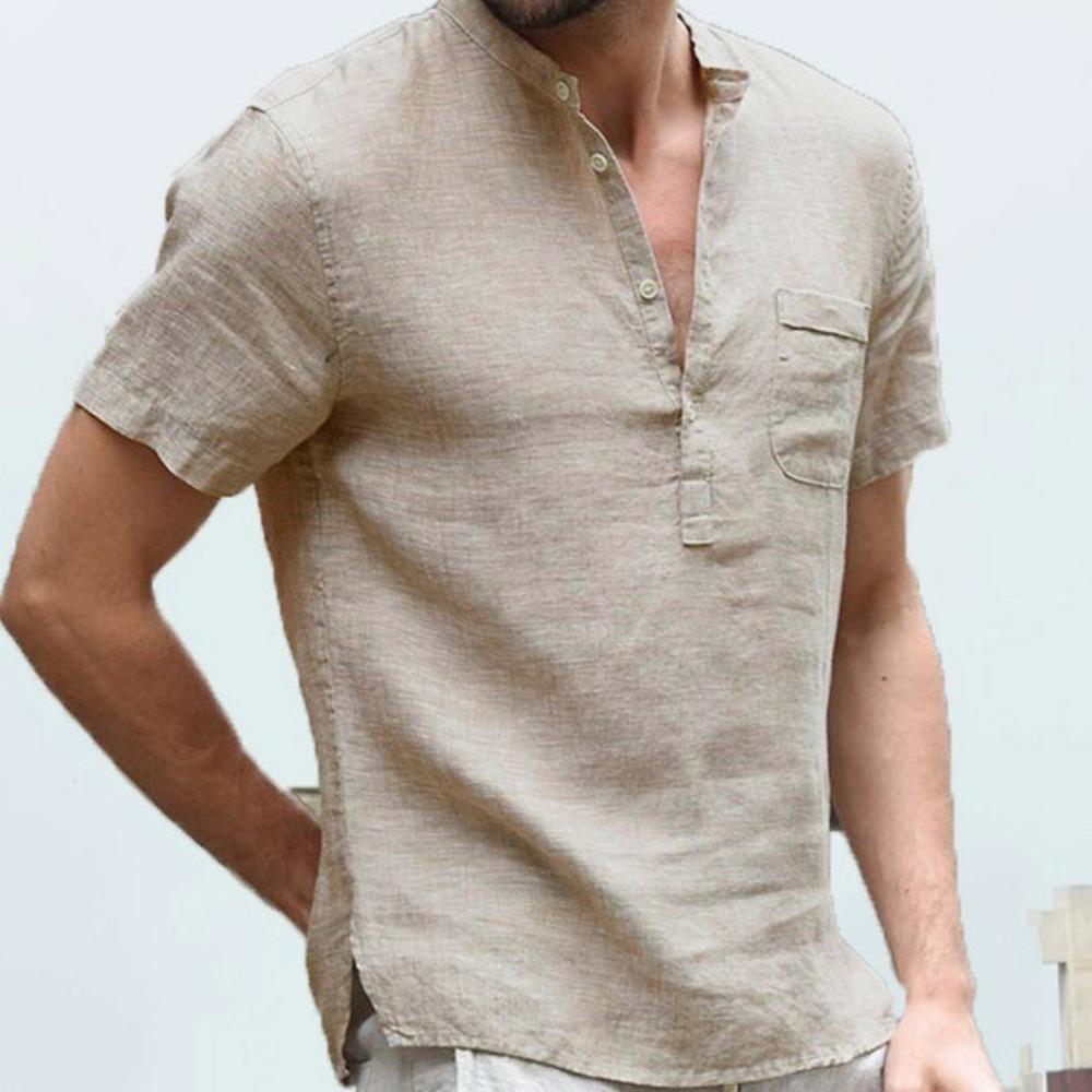 HerSight Zomer katoenen linnen herenoverhemd met korte mouwen Effen kleur Zak Stand Hals Knop Half open zwarte shirts S-5XL XXL kaki