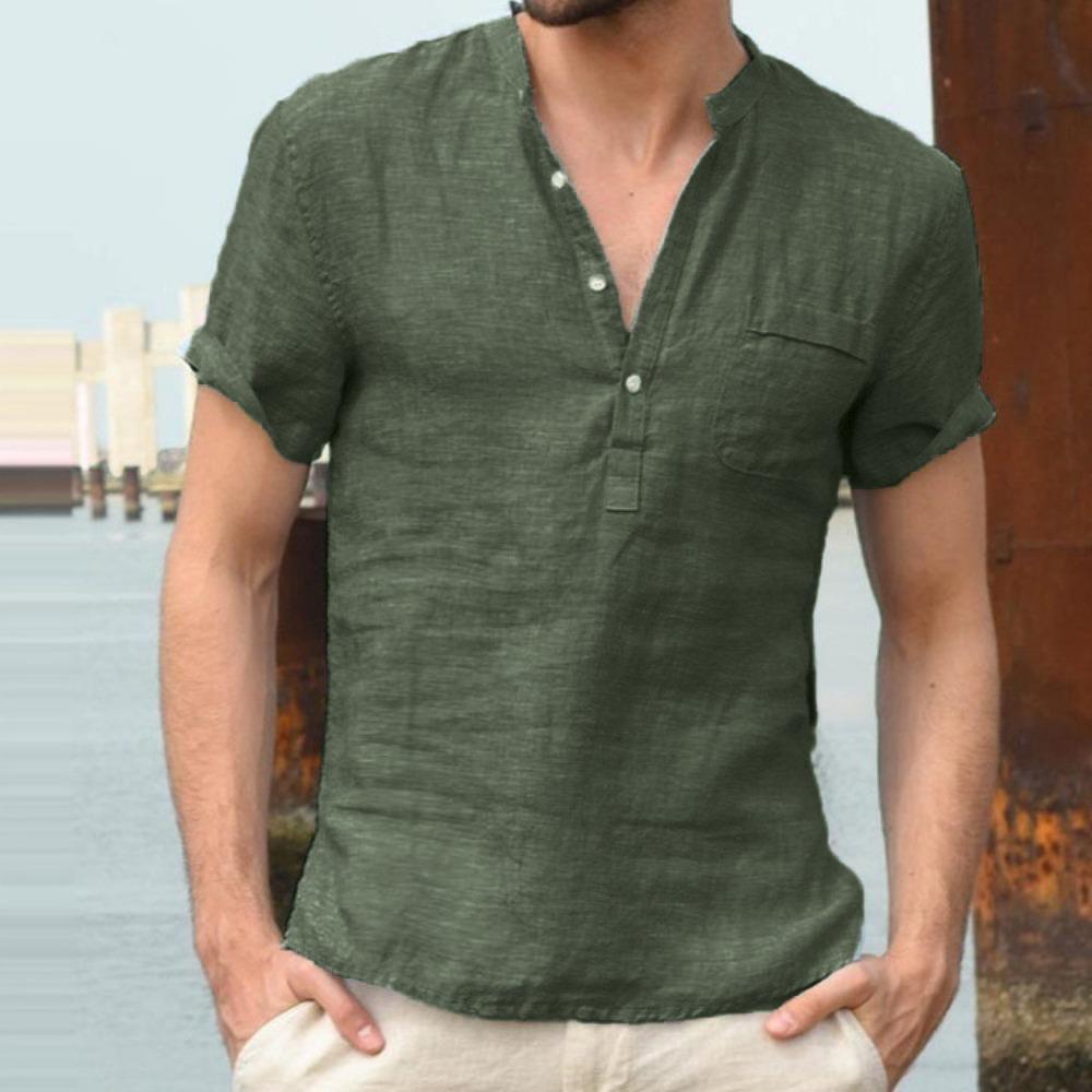 HerSight Zomer katoenen linnen herenoverhemd met korte mouwen Effen kleur Zak Stand Hals Knop Half open zwarte shirts S-5XL L donkergroene kleur
