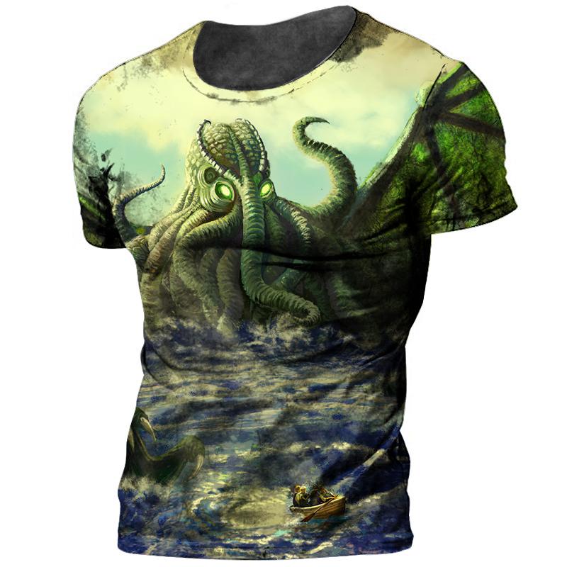 ETST 07 Chic Heren T-shirt Cthulhu Myth 3D Printing Terror Monster Oversized O-hals Top Zomer Mode Informeel Dagelijks Ademend Doek L