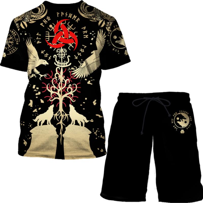 ETST 03 Mode Vintage Bedrukt T-shirt Voor Mannen Casual O-hals Tops Trend Shorts 2-delige Outfit Zomer Outdoor Trainingspakken Shorts Tee Sets S