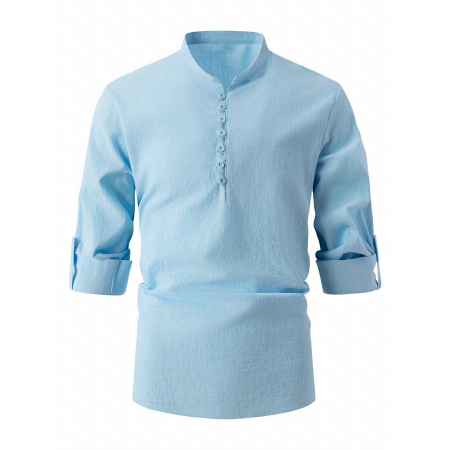 HerSight Zomer Knoppen Heren Top Tee Vintage Effen Kleur Katoen Linnen Stand Hals Shirt Met Lange Mouwen Herenkleding XXXL lichtblauwe kleur