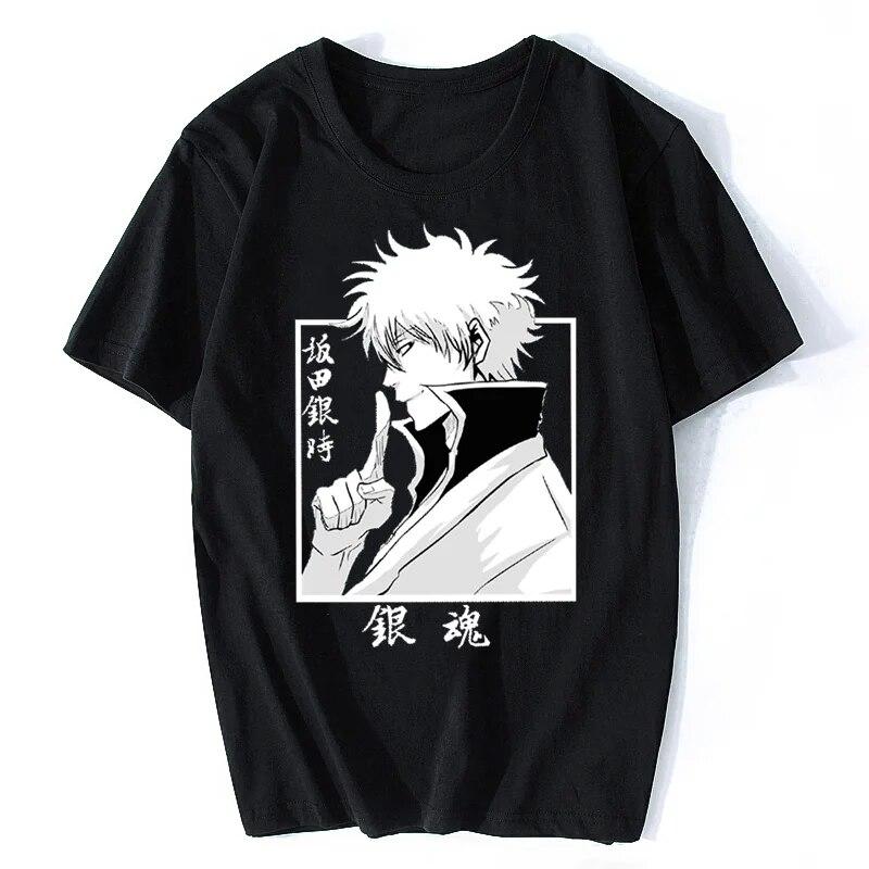 New Young Gintama Sakata Gintoki Cool Heren Zomer Casual T-shirt Anime Katoenen T-shirt Hip Hop T-shirt Tees Oversized Harajuku Streetwear L zwart
