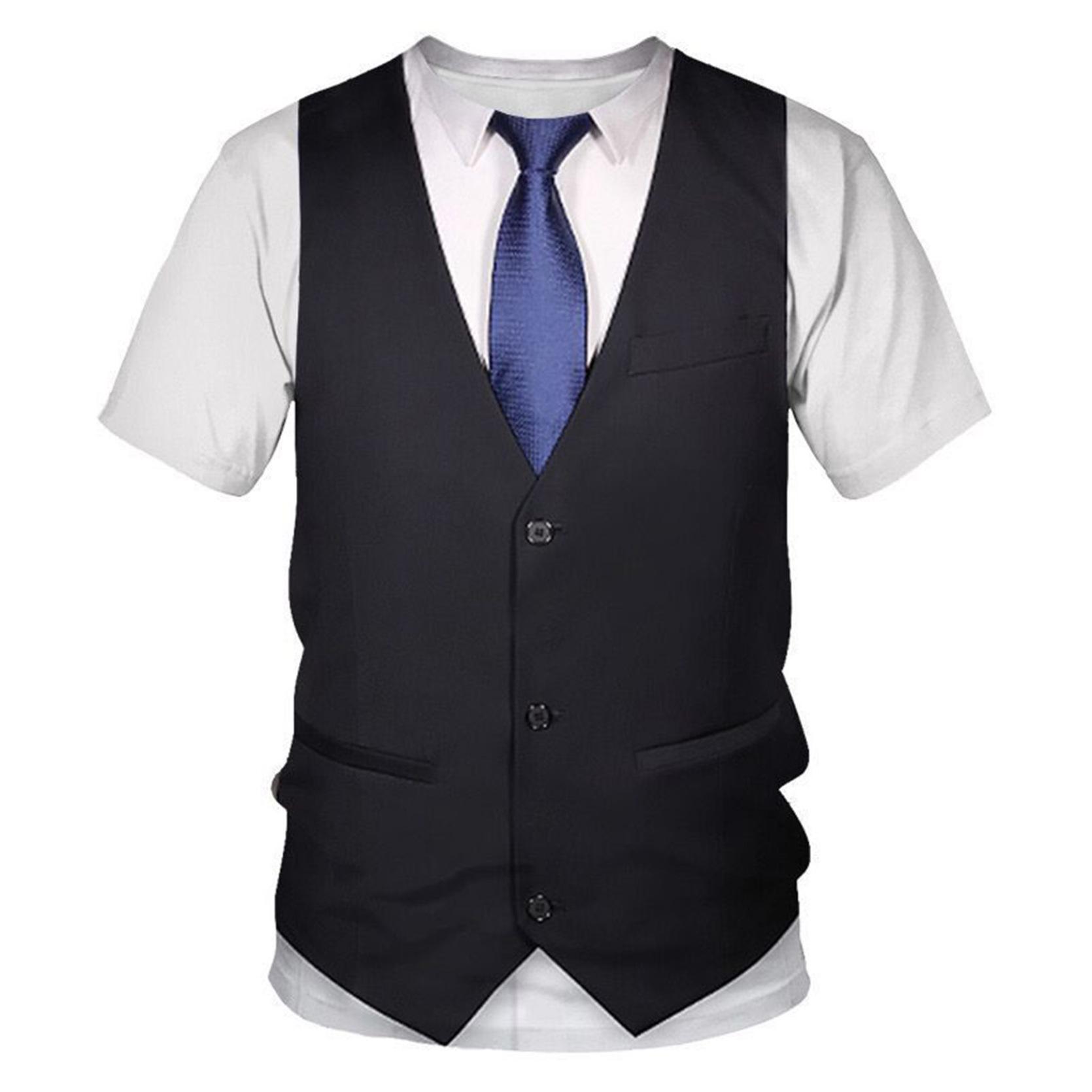 IEFiEL Heren Smoking 3D Bedrukt T-shirt Strikje Pak Vest Overhemd Clubwear Rollenspel Prestatiekostuums XXL zwart