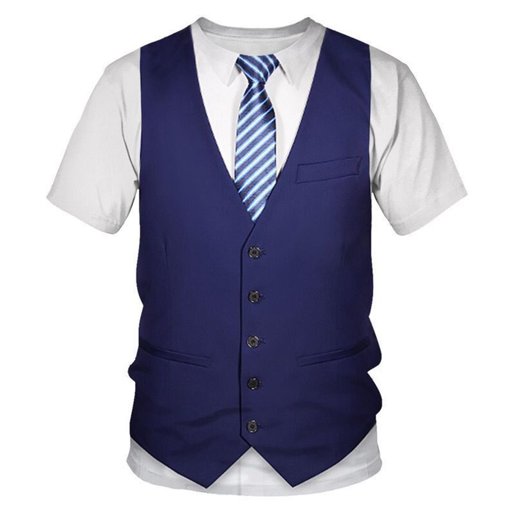 IEFiEL Heren Smoking 3D Bedrukt T-shirt Strikje Pak Vest Overhemd Clubwear Rollenspel Prestatiekostuums M blauw