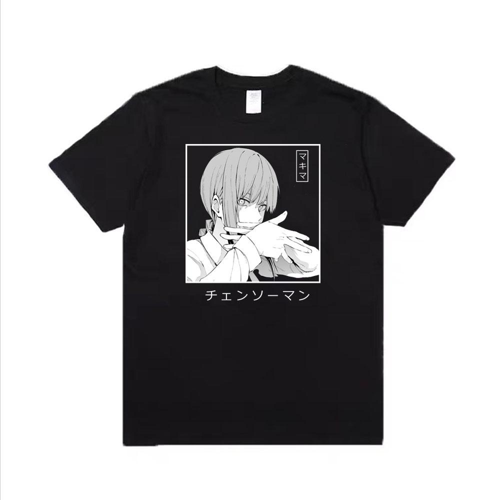 Limindong Anime Chainsaw Man Casual Hip Hop Oversized Vrouwen Mannen Kawai Makima T-shirt Harajuku Zomer Korte Mouwen M zwart
