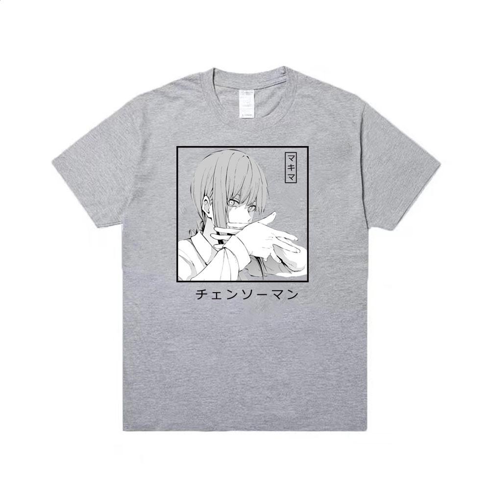 Limindong Anime Chainsaw Man Casual Hip Hop Oversized Vrouwen Mannen Kawai Makima T-shirt Harajuku Zomer Korte Mouwen 4XL grijze kleur