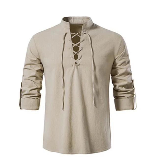 Super maller 2022 Nieuwe Heren V-hals Shirt T-shirt Mode Vintage Dunne Lange Mouw Top Heren Casual Ademend Viking Front Vetersluiting Heren Shirts L kaki