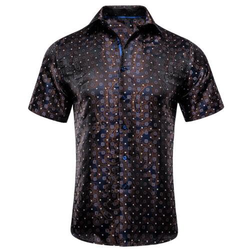 Hi-Tie 100% Zijden Heren Shirt Paars Blauw Rood T-shirt Korte Mouw Casual Jurk Pak Top S