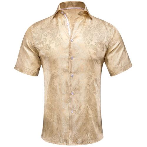 Hi-Tie 100% Zijden Heren Shirt Paars Blauw Rood T-shirt Korte Mouw Casual Jurk Pak Top S