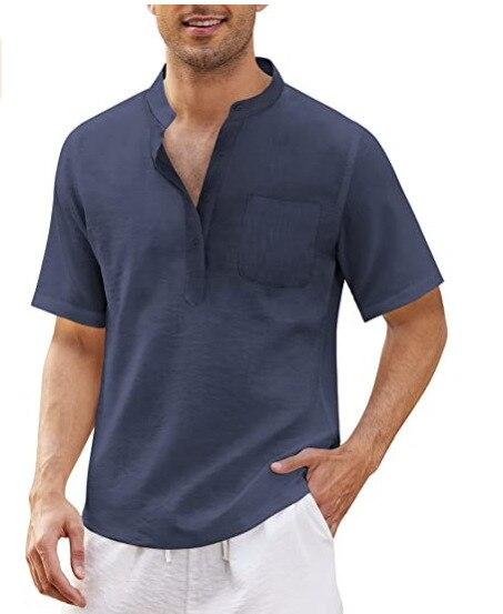 King Billion Zomer Nieuwe Mannen Korte Mouwen T-shirt Katoen En Linnen Led Casual Heren T-shirt Shirt Mannelijke Ademend S-3XL US XXL 90-100 KG marineblauwe kleur