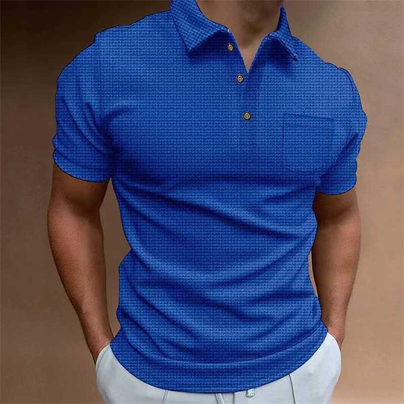 HerSight Heren Zomer Effen Korte Mouw Wafel Overhemden Heren Overhemd Revers Zak Knoop T-shirt Wit Zwart Top XXL blauw