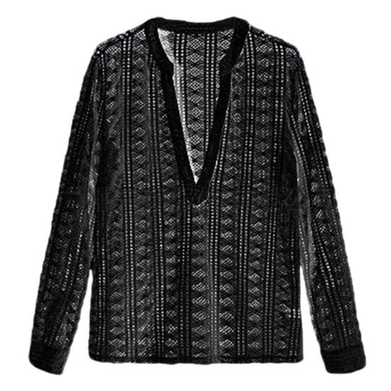 Yunzhu Heren Club Shirt Doorzichtig Uitgehold Visnet Diepe V-hals Lange mouw Effen Kleur Dunne Pullover Zacht Street chic Slim Fit Nachtclub Feest Heren S zwart