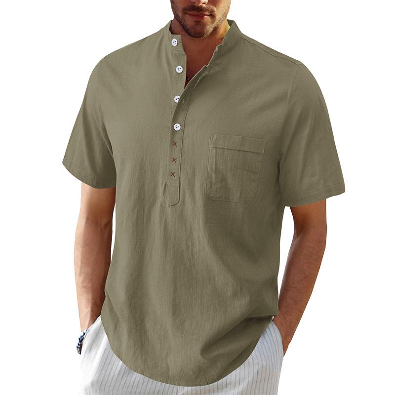 Phoca largha Henley-overhemden voor heren, overhemd met bandkraag, korte mouwen, casual zomer, strandtops, overhemden, basic T-shirt, effen, comfortabel pullover-shirt met 4 knopen voor mannen M