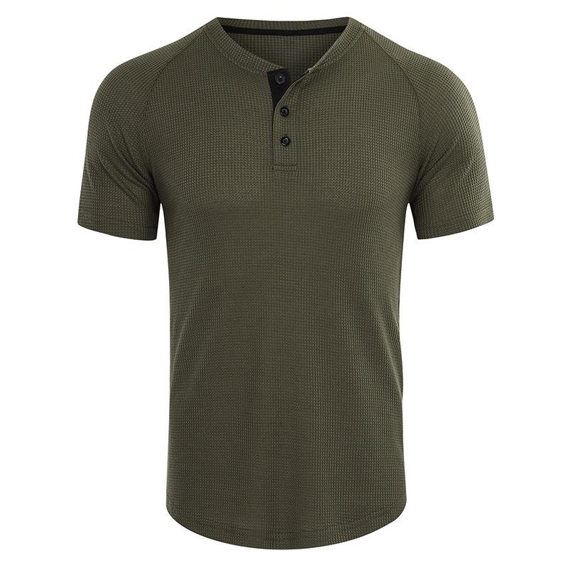 Phoca largha Heren Zomer Informeel Ronde hals Wafel Henley-shirts T-shirts met korte mouwen Basic Effen Training Knopen Tops Atletisch Ademend T-shirts voor heren XXL legergroene kleur