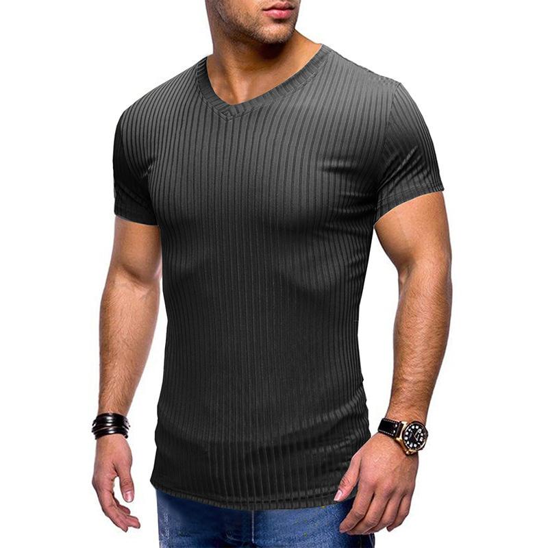 Phoca largha Heren Zomer Casual Slim Fit T-shirts Stretch Korte mouw V-hals Sport Workout T-shirts Heren Effen Ademend Geribbeld shirt Hardlopen Atletisch Tops S zwart