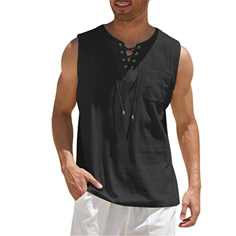 DSorothy Katoenen linnen overhemden Heren casual mouwloos vest bandage veterblouse retro V-hals mode losse overhemd heren effen kleur kleding 4XL zwart