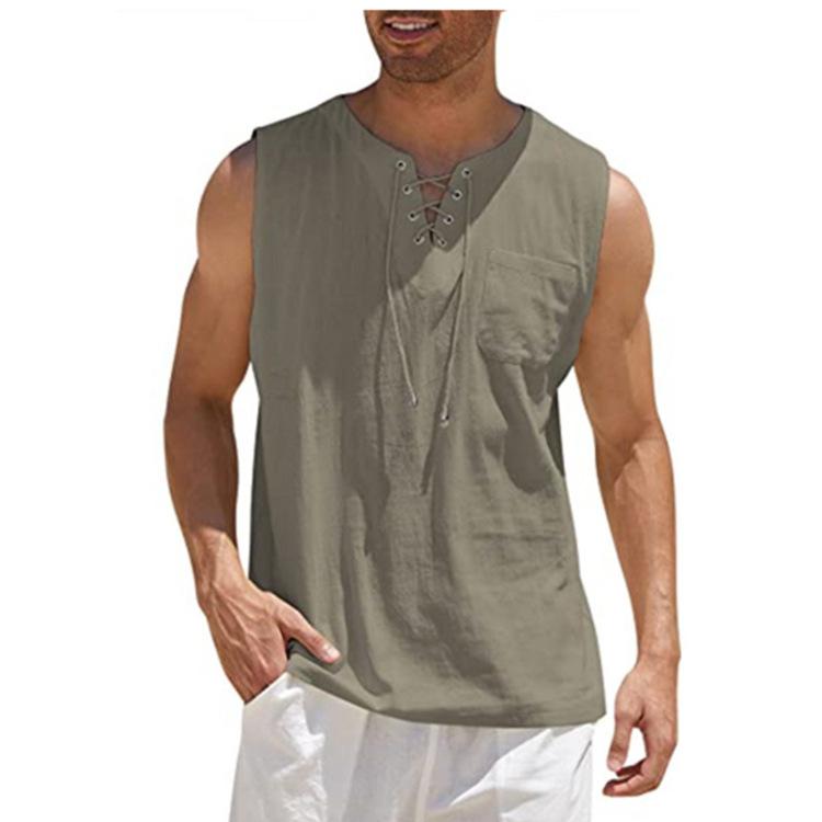 DSorothy Katoenen linnen overhemden Heren casual mouwloos vest bandage veterblouse retro V-hals mode losse overhemd heren effen kleur kleding XL kameel
