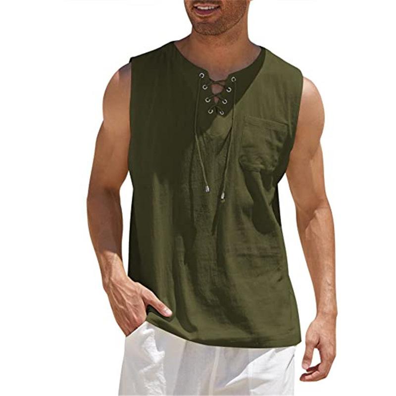 DSorothy Katoenen linnen overhemden Heren casual mouwloos vest bandage veterblouse retro V-hals mode losse overhemd heren effen kleur kleding XL legergroene kleur
