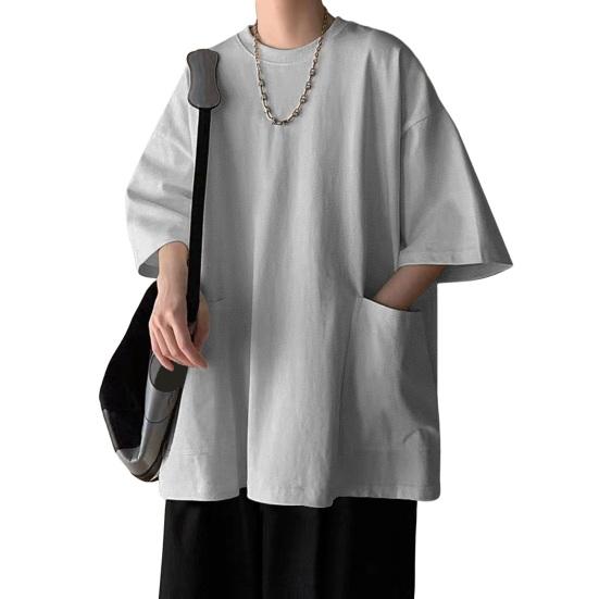 Bohuidadeng Zomer Heren T-shirt Ronde Hals Los Mid Lengte Effen Kleur Plus Size Zakken Halve Mouwen Streetwear Outdoor Top XL grijs