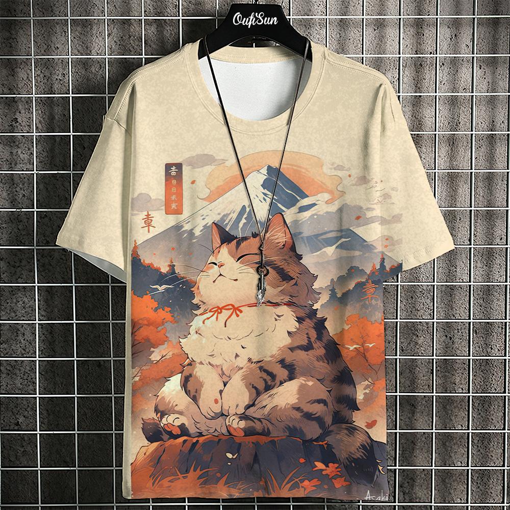 ETST 03 Cartoon Anime Kat Bedrukt T-shirt Voor Mannen Japanse T-shirts Wolf T-shirt Outdoor Hip Hop Tops Kleding Casual Losse Korte Mouw T-shirts 6XL