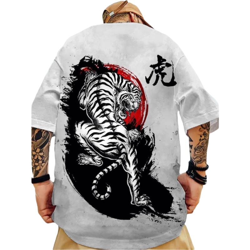 ETST 07 Mode Japanse Samurai Bedrukte Heren Trendy T-shirts Zomer O-hals Korte Mouw Losse T-shirts Streetwear Hip Hop Tops 3XL L