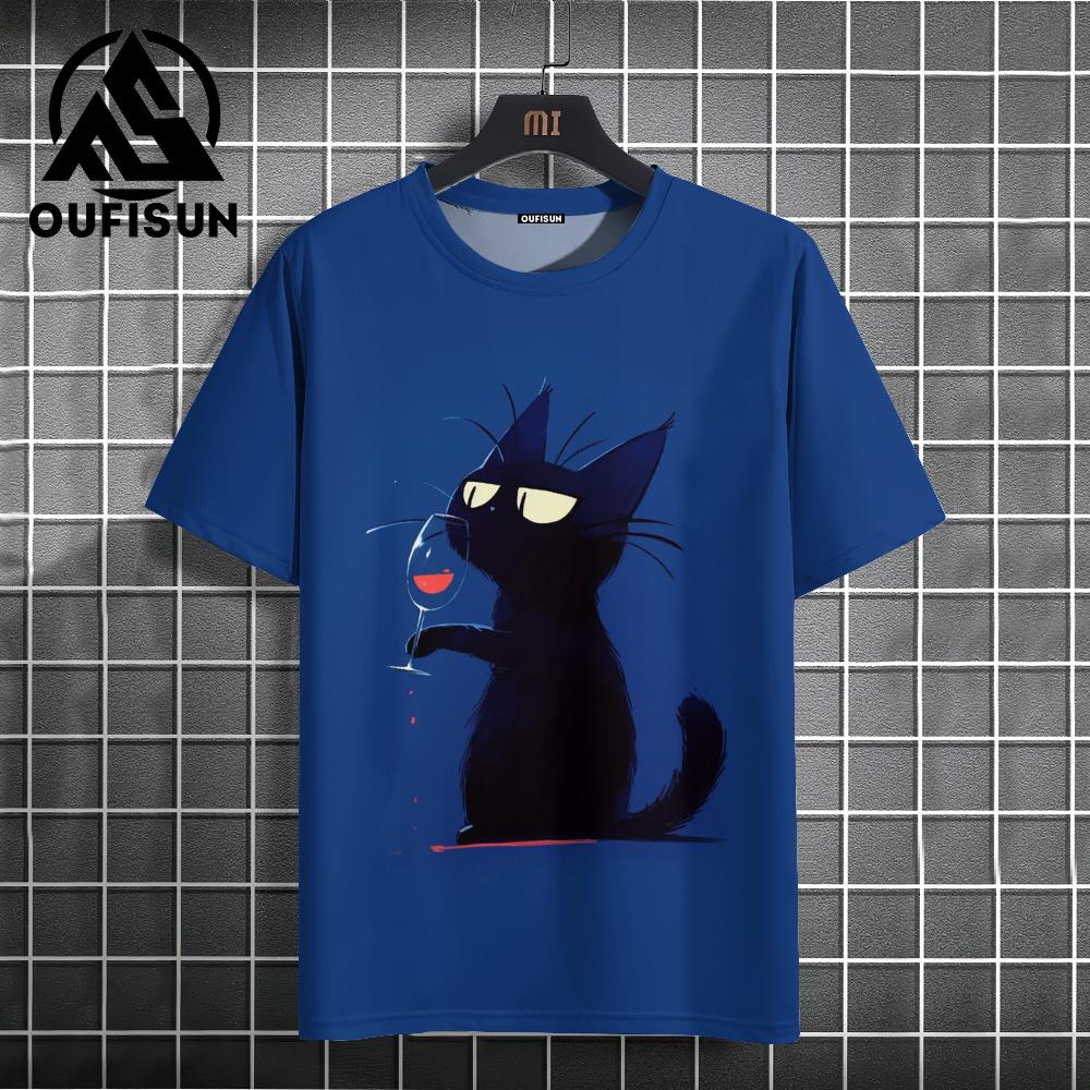 Xuhaijian02 Zomer Heren T-shirt Dier Schattige Kat Print Ronde Hals Korte Mouw Tee Street Trend Tops Oversized Herenkleding T-shirt Voor Heren M