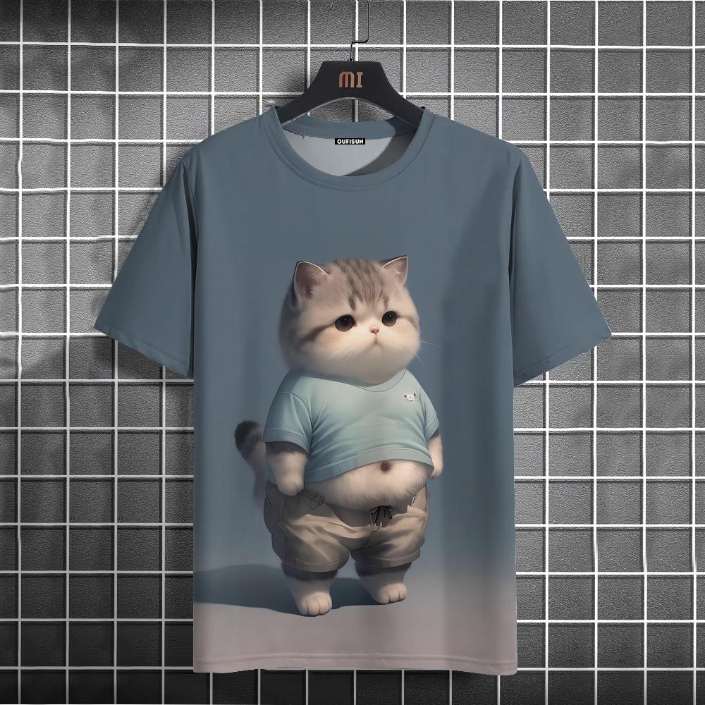 Etst 003 Heren T-shirt Animal Fat Cat Print T-shirt S