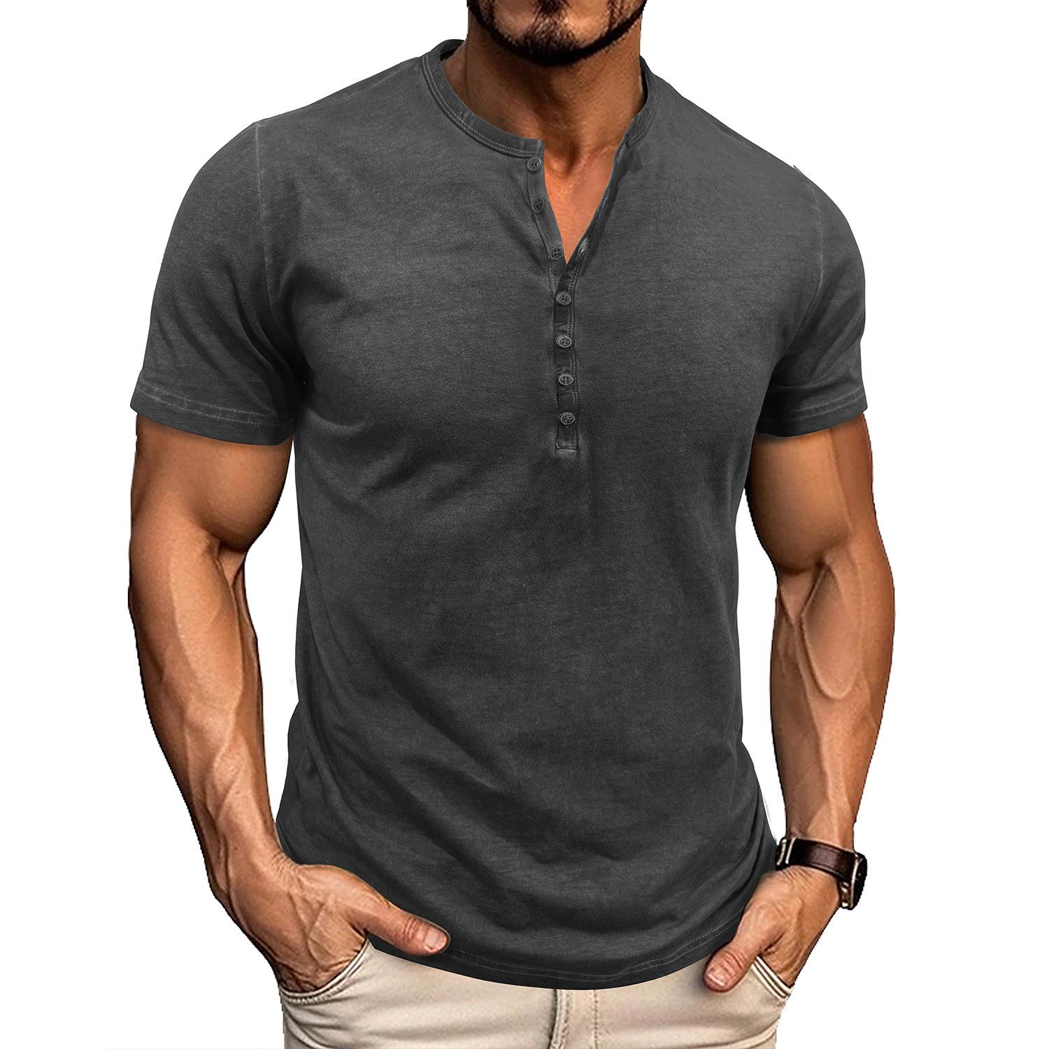Phoca largha Heren korte mouwen Henley shirts Zomer knoop T-shirts Casual Basic Tee Soild T-shirts Zachte comfortabele tops Klassieke atletische pasvorm T-shirt voor heren L donkergrijze kleur