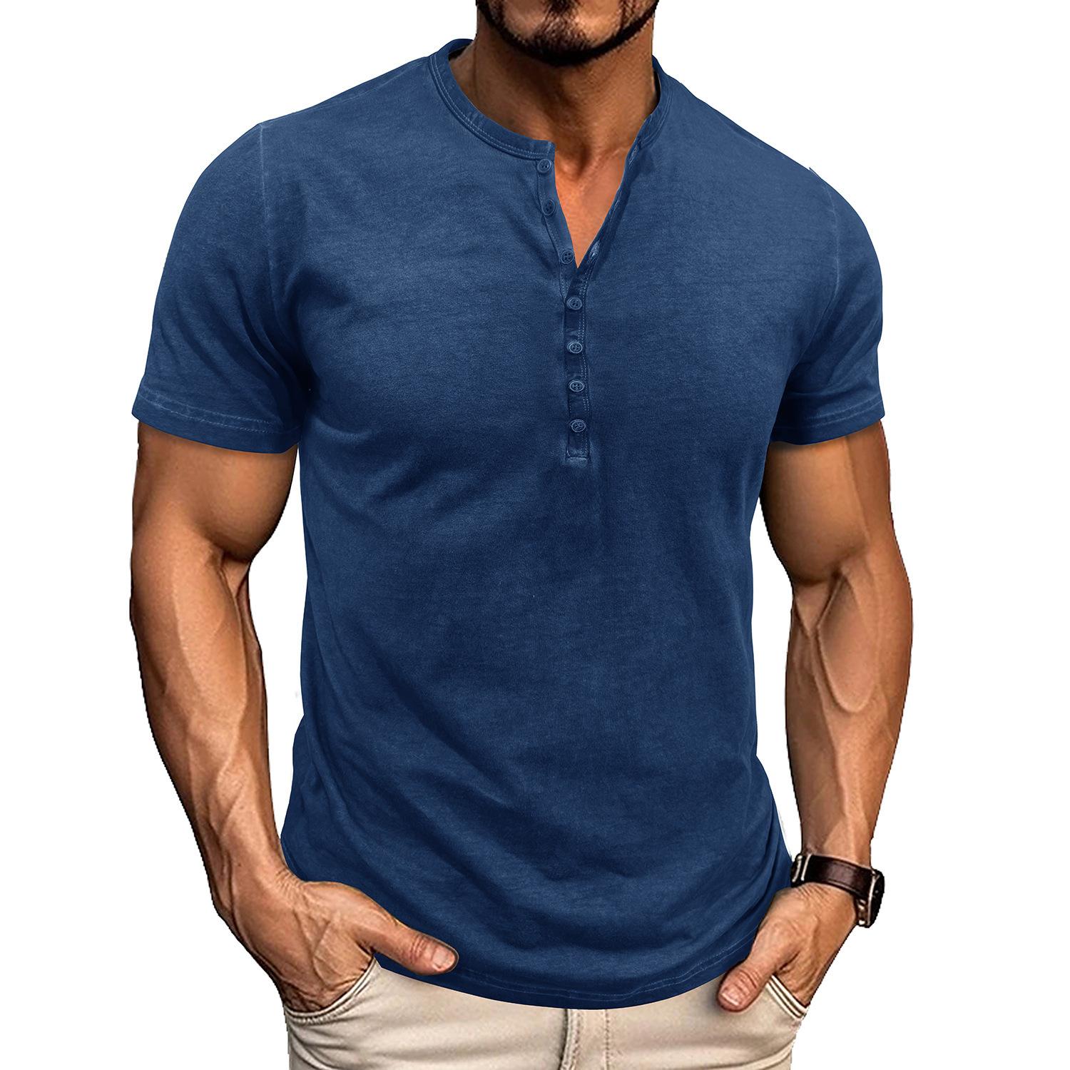 Phoca largha Heren korte mouwen Henley shirts Zomer knoop T-shirts Casual Basic Tee Soild T-shirts Zachte comfortabele tops Klassieke atletische pasvorm T-shirt voor heren XXXL blauw