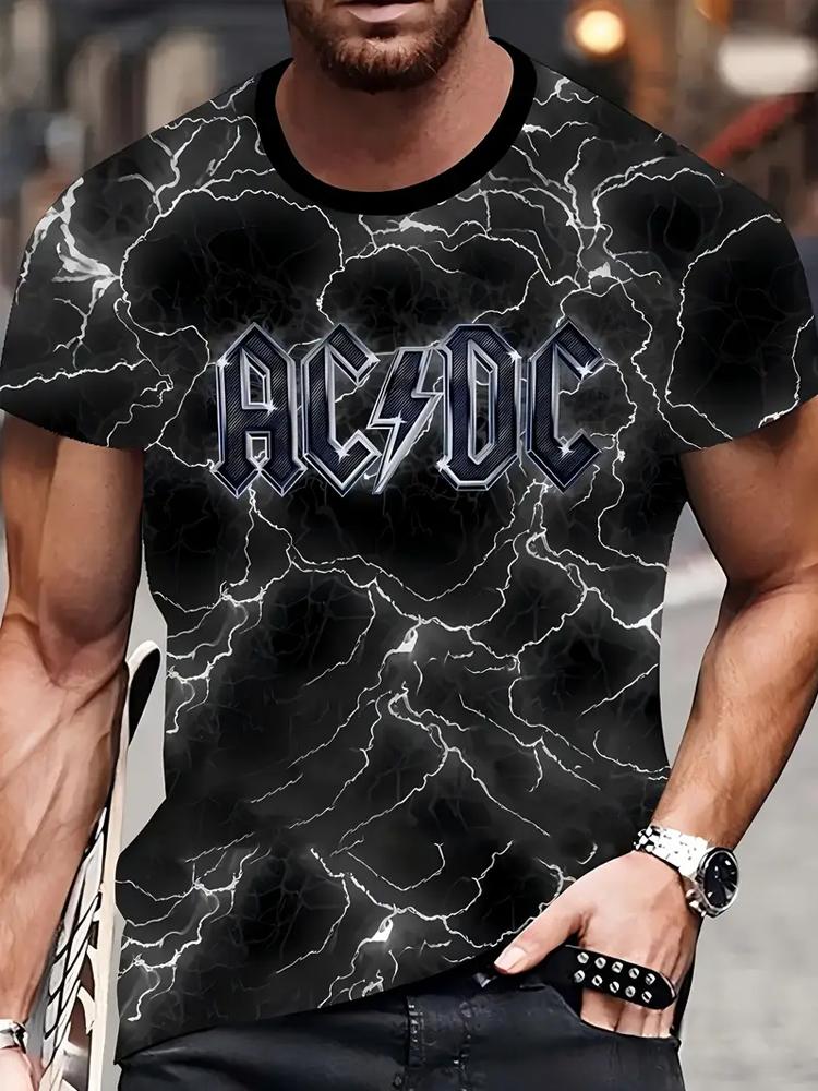 Haojun AC/DC Bliksemprint Heren T-shirt 3D Grafisch Korte Mouw Casual Tee Zomer Street Fashion Ronde Hals Tops 5XL grijs